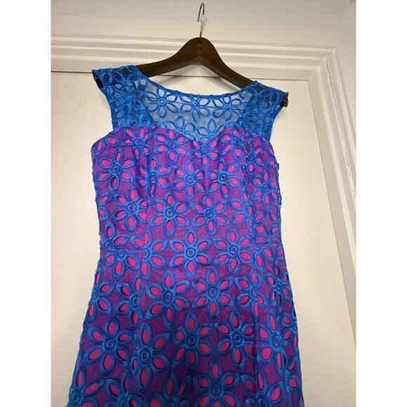 Size 6 Lilly Pulitzer Selna Royce Blue Pink Daisy Floral Eyelet Cocktail Dress - Picture 3 of 7